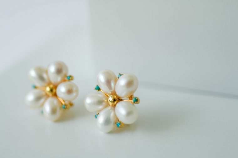 White Champa Earrings - Turquoise - Image 4